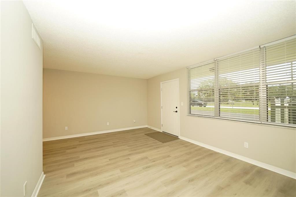 An empty room with light wood-look flooring, beige walls, a white door, and large windows — 4705 1ST STREET NE UNIT 132, ST PETERSBURG, FL