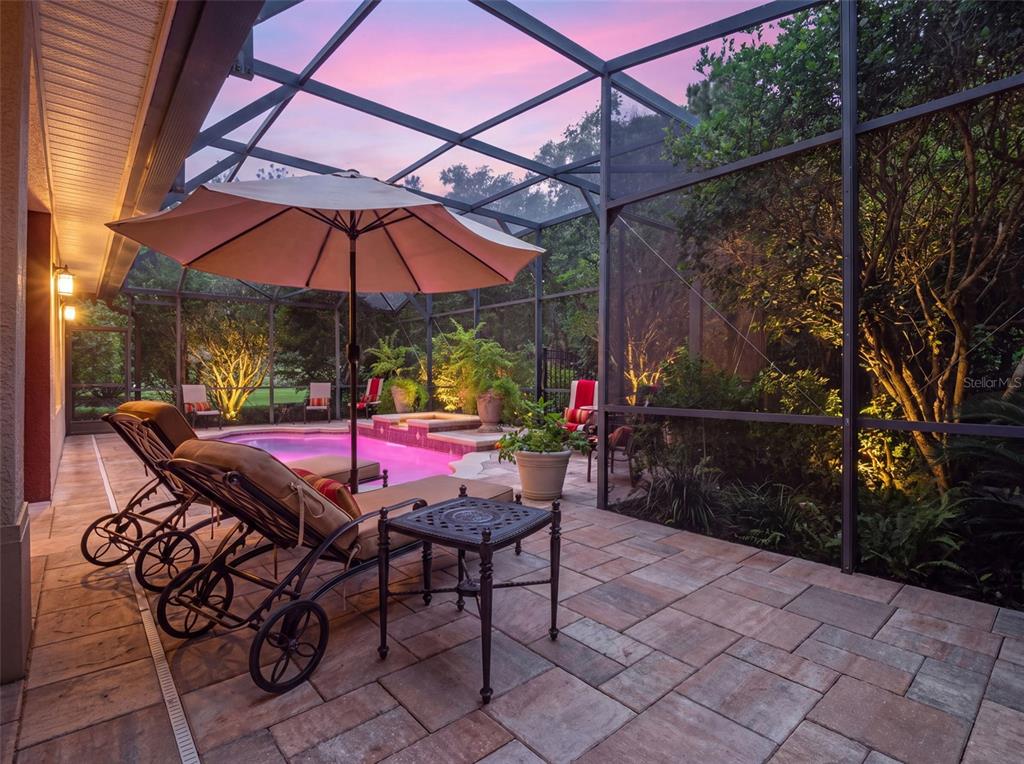 A screened-in patio features a swimming pool, lounge chairs, and an umbrella at dusk — 10908 PRIEBE RD, CLERMONT, FL
