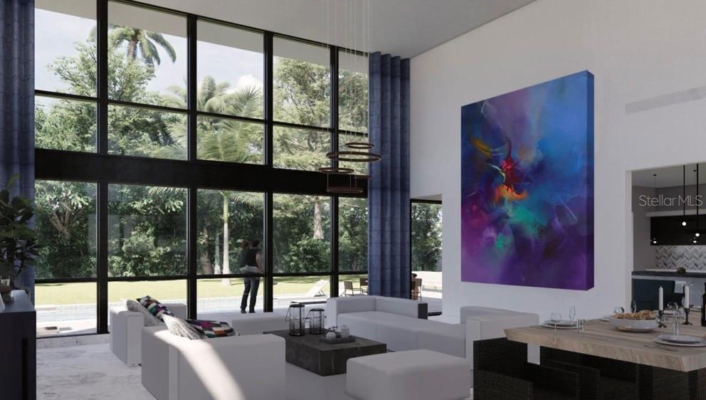 This rendering shows a modern living room with double-height windows, white furniture, and abstract art — Montehiedra Reserve MONTEHIEDRA STREET, SAN JUAN, PR