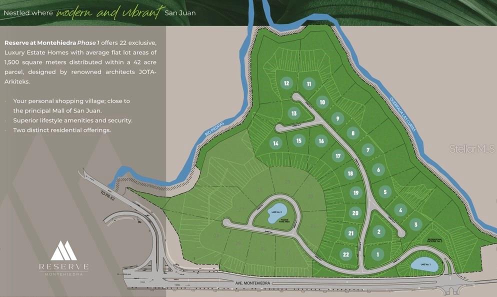This is a site map rendering showing the layout of 22 residential lots in a development — Montehiedra Reserve MONTEHIEDRA STREET, SAN JUAN, PR