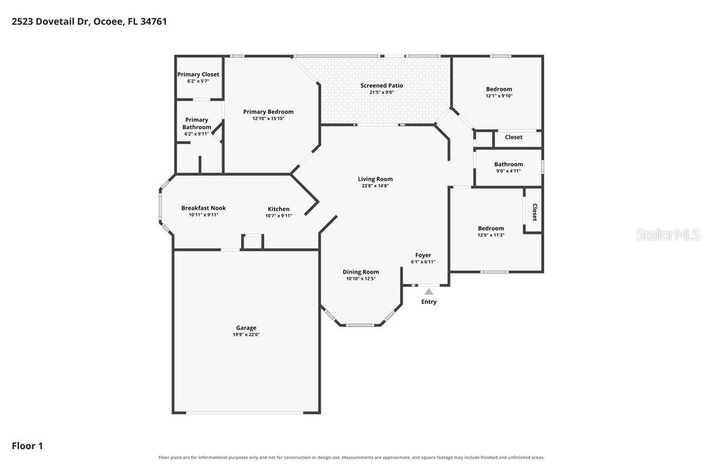 This is a floor plan of a single-story house with a garage and screened patio — 2523 DOVETAIL DRIVE, OCOEE, FL