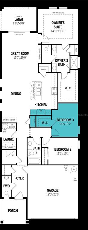 This is a floor plan for a single-story home with three bedrooms and a two-car garage — 34866 ARBOR RETREAT DRIVE, DADE CITY, FL