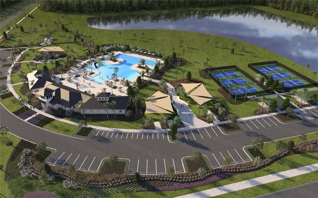 This is a rendering of a community amenity center featuring a pool, tennis courts, and parking — 34866 ARBOR RETREAT DRIVE, DADE CITY, FL