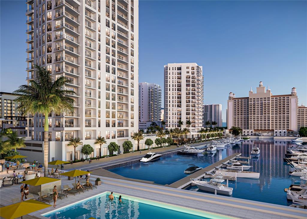 This is a rendering of a high-rise residential complex with a marina and swimming pool — 555 QUAY CMNS UNIT 1603, SARASOTA, FL