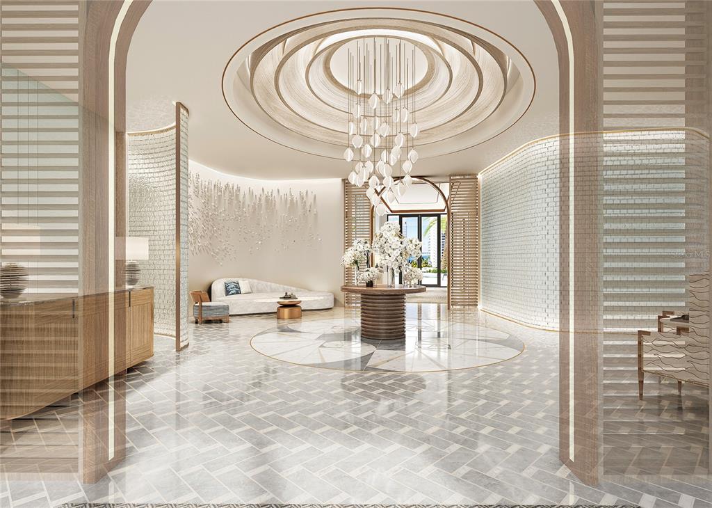 This rendering shows a luxury lobby with a circular ceiling, chandelier, and patterned stone flooring — 555 QUAY CMNS UNIT 1603, SARASOTA, FL