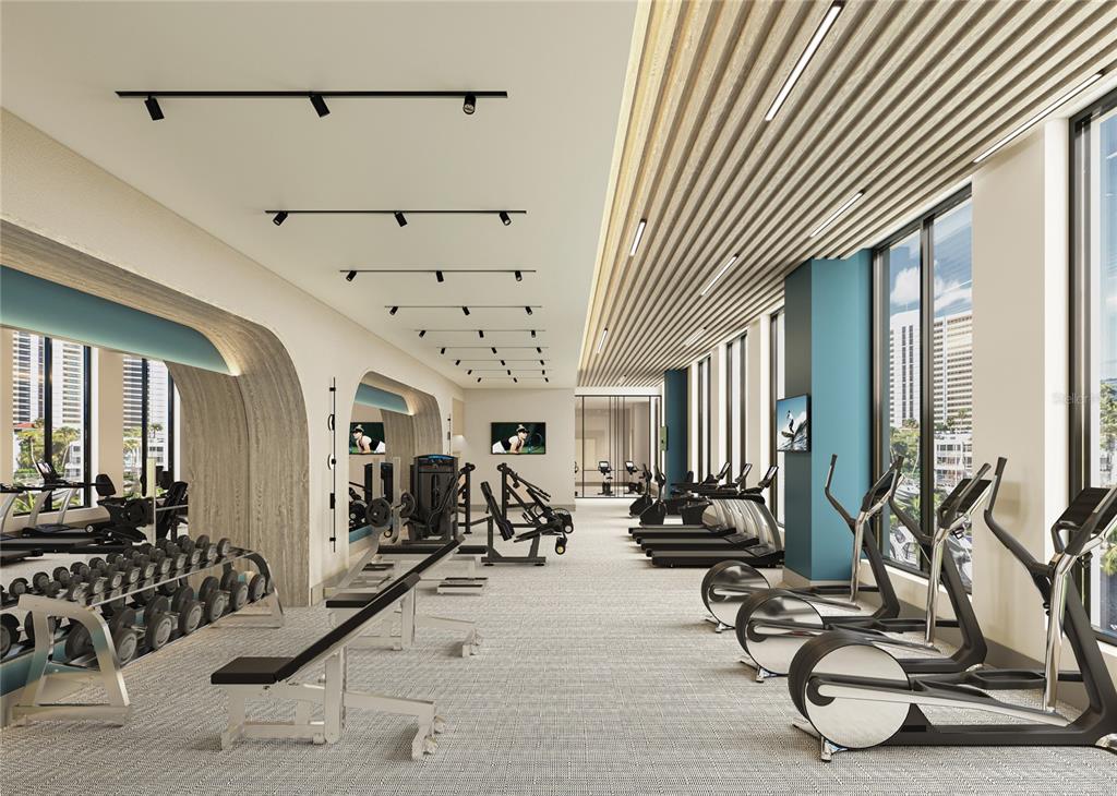This rendering shows a modern gym with weight racks, cardio equipment, and floor-to-ceiling windows — 555 QUAY CMNS UNIT 1603, SARASOTA, FL