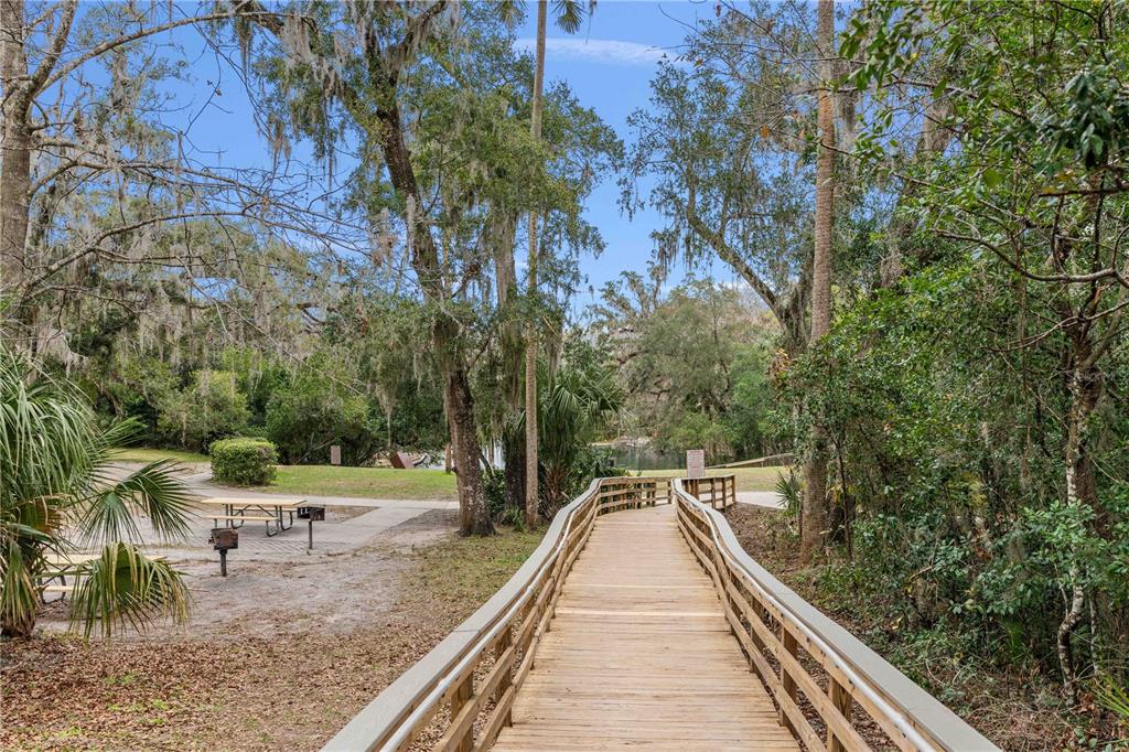 A wooden boardwalk leads toward a picnic area with tables and grills in a wooded park — 26 E KELLY PARK ROAD, APOPKA, FL