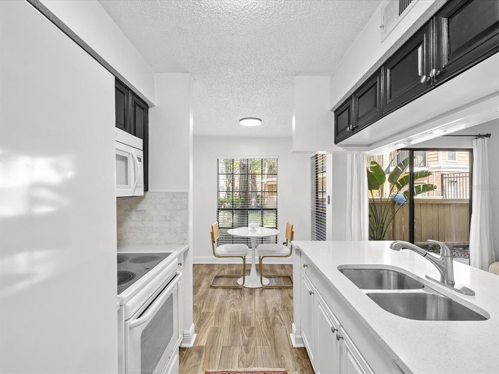 A kitchen with white cabinets, a stainless steel sink, and a dining area with two chairs — 8653 MALLARD RESERVE DRIVE UNIT 103, TAMPA, FL