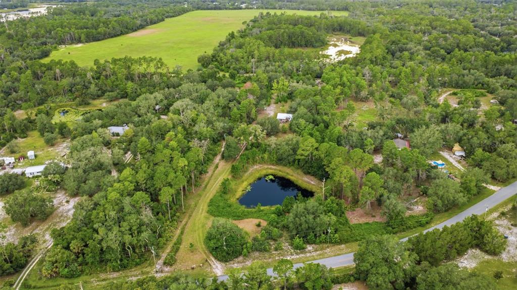 An aerial view shows a rural property with a pond, dense trees, and scattered buildings — 39913 SWIFT ROAD, EUSTIS, FL