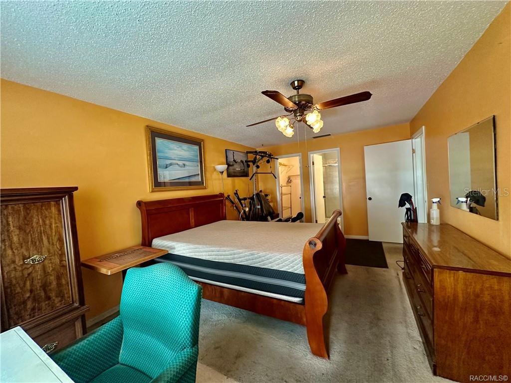 A bedroom features orange walls, a wooden sleigh bed, a ceiling fan, and carpeted flooring — 2400 FOREST DRIVE UNIT 227, INVERNESS, FL