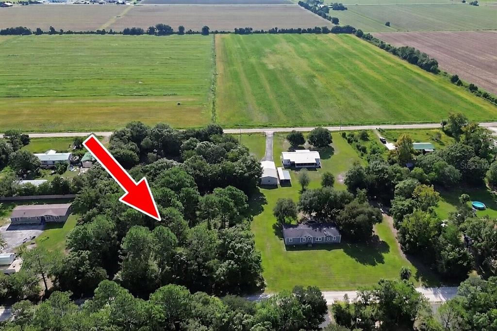 An aerial view shows a wooded lot marked by a red arrow near rural houses — 325 GARDEN LANE, BUNNELL, FL