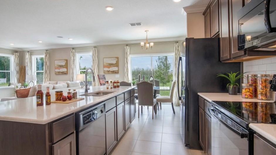A kitchen with dark cabinets, stainless steel appliances, and a large island overlooks a dining area — 1465 TRINIDAD STREET, DELAND, FL