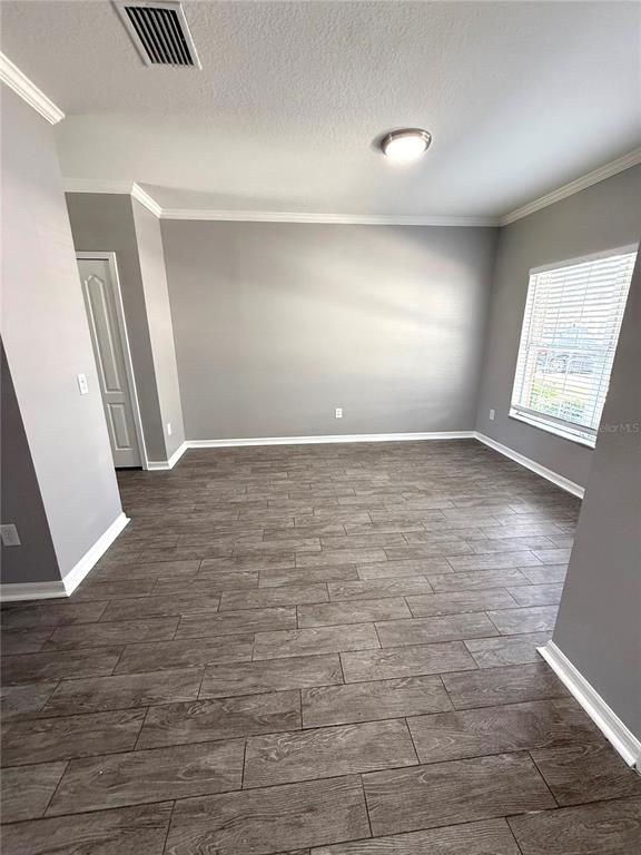 A room with gray walls, white trim, and dark wood-look tile flooring — 12316 HEALEY SUMMIT LANE, RIVERVIEW, FL