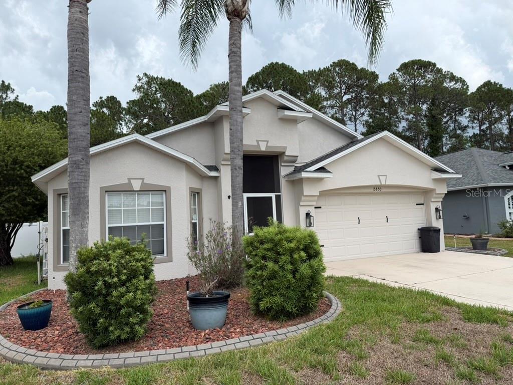 A single-story house with a beige stucco exterior, a two-car garage, and two palm trees — 13850 ROYSTON BEND, HUDSON, FL