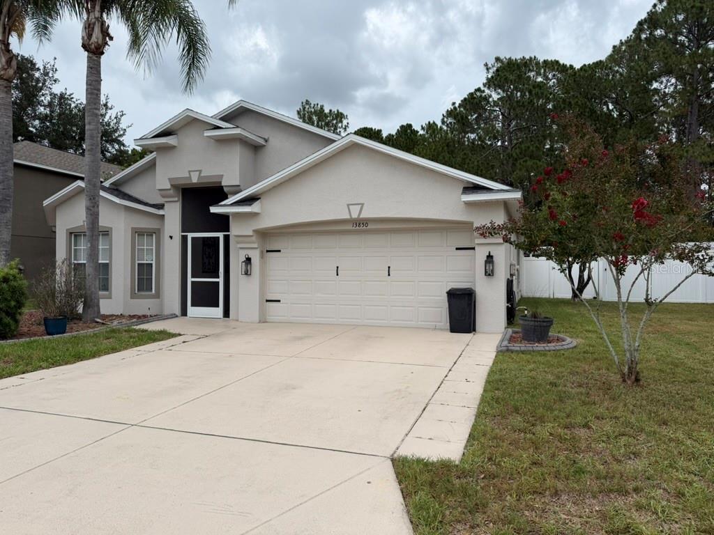 A single-story house with a beige stucco exterior, a two-car garage, and a palm tree — 13850 ROYSTON BEND, HUDSON, FL