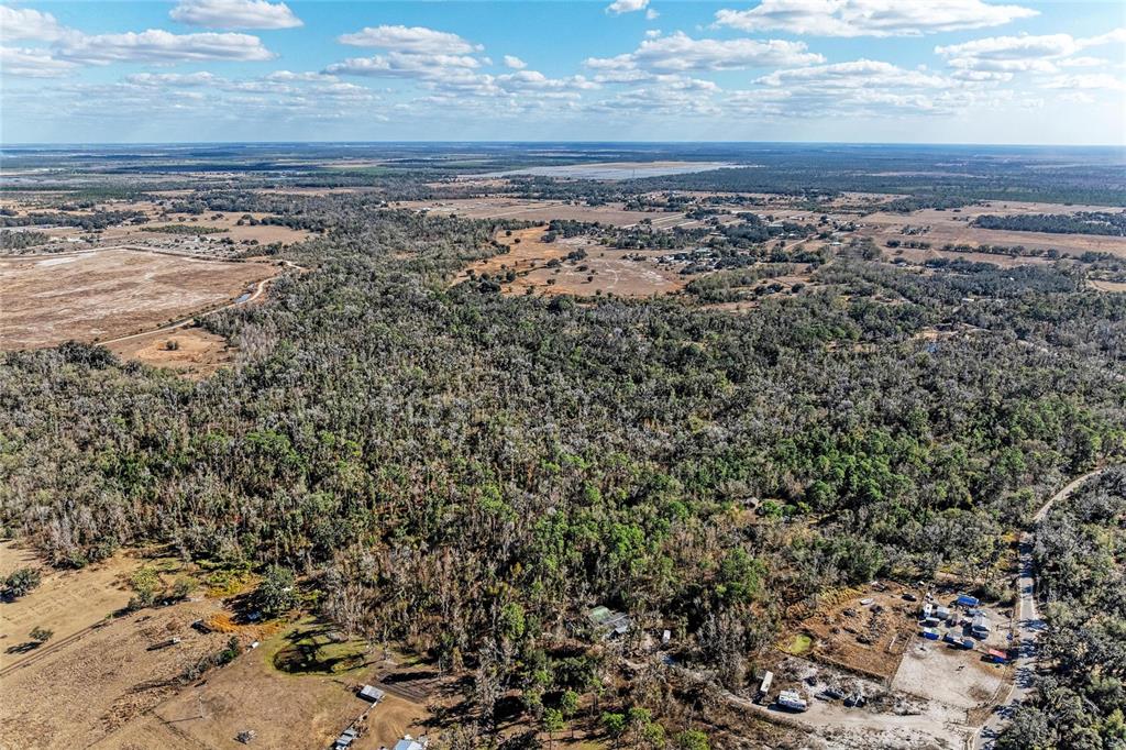 An aerial view shows a large, wooded rural property with scattered structures and open fields — 33100 & 33070 TAYLOR GRADE ROAD, PARRISH, FL