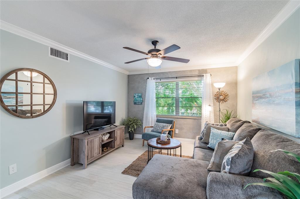 A living room features a gray sectional sofa, a television on a wooden console, and a window — 439 S PAULA DRIVE UNIT 202, DUNEDIN, FL