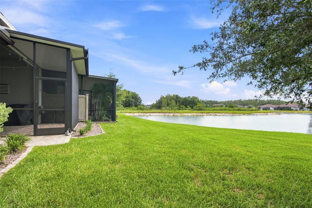 A screened-in patio overlooks a grassy backyard and a pond under a blue sky — 4623 BARLETTA COURT, WESLEY CHAPEL, FL