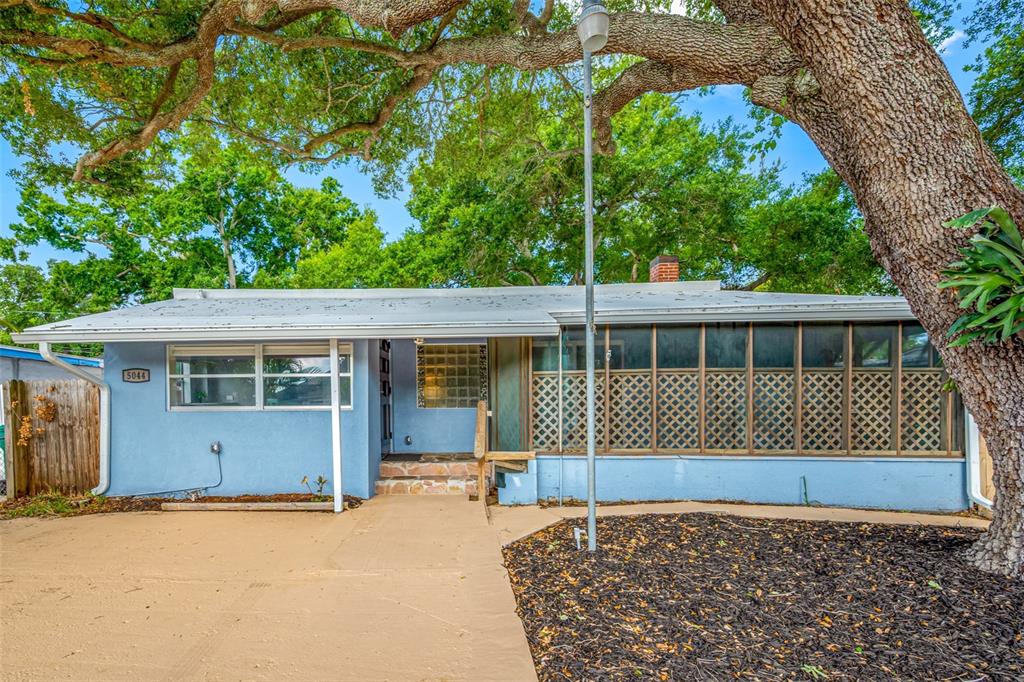 A single-story blue house features a lattice-enclosed porch and a large tree in the yard — 5044 BETTY STREET N, ST PETERSBURG, FL