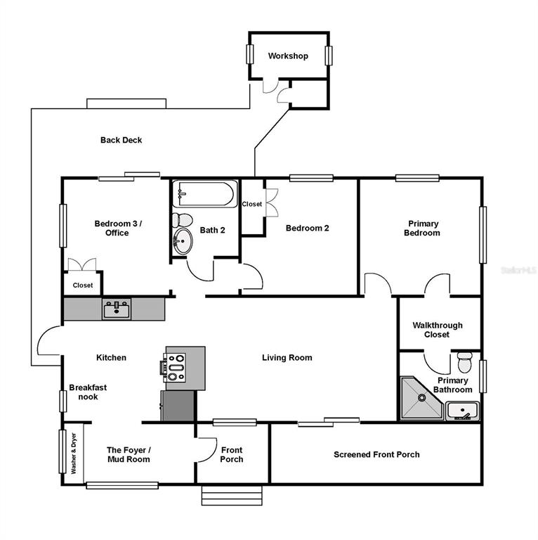 This is a floor plan of a single-story house with three bedrooms and a workshop — 5044 BETTY STREET N, ST PETERSBURG, FL