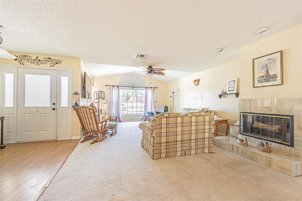 A living room features a fireplace, beige carpeting, a plaid sofa, and a front door — 6056 SCHALEKAMP DRIVE, SPRING HILL, FL