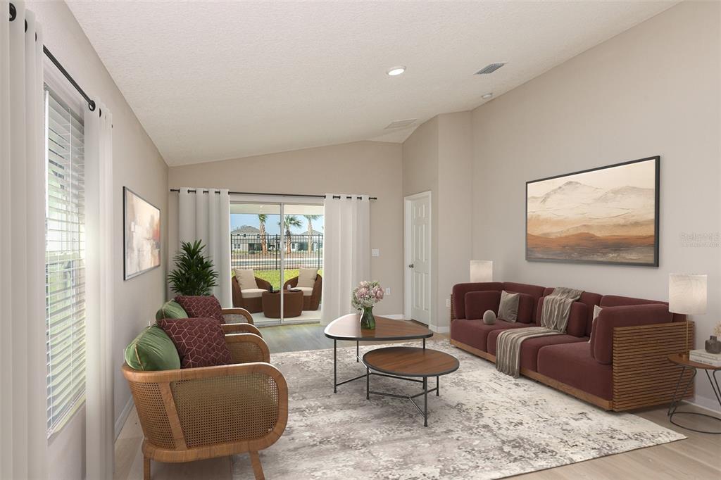 This is a digital rendering of a living room with a sofa, chairs, and sliding doors — 15250 MAUDE LANDING LOOP, WIMAUMA, FL