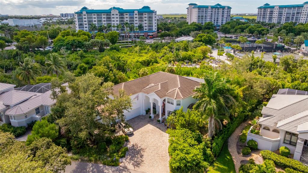 An aerial view shows a two-story house with a brown roof surrounded by lush trees — 13881 BLENHEIM TRAIL ROAD, FORT MYERS, FL