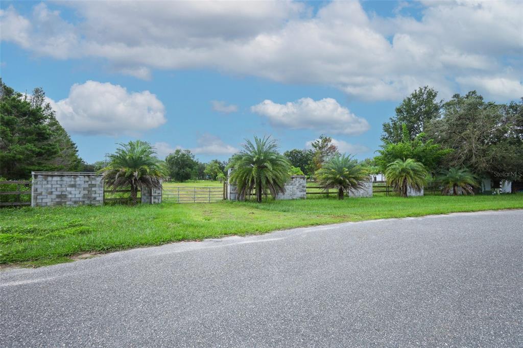 A paved road leads to a gated entrance with palm trees and concrete block walls — 34534 TREE FROG LANE, EUSTIS, FL