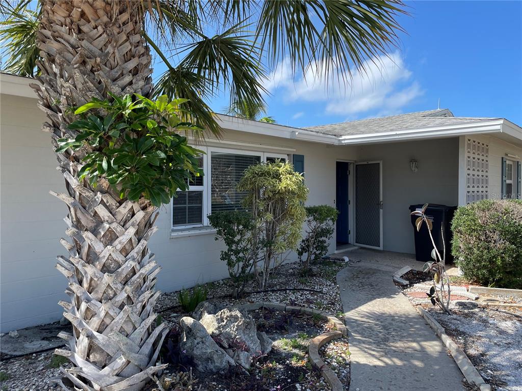 A palm tree stands in front of a single-story house with a concrete walkway — 10307 SANDPIPER ROAD W, BRADENTON, FL