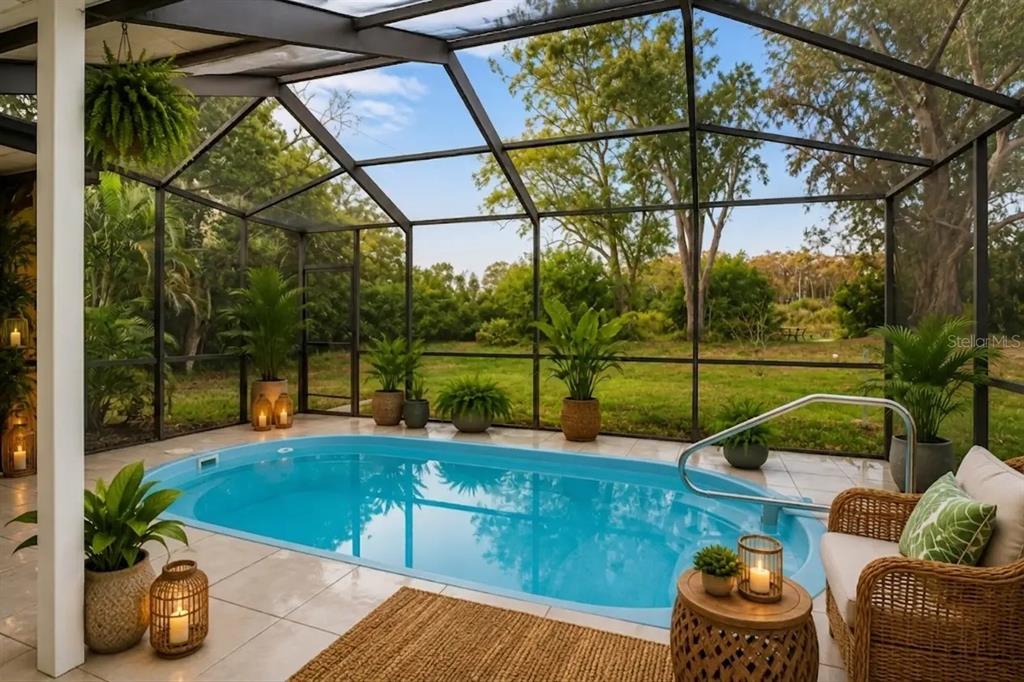 A screened-in patio features a small oval swimming pool, wicker furniture, and a fire pit — 3349 OVERLAND DRIVE, HOLIDAY, FL