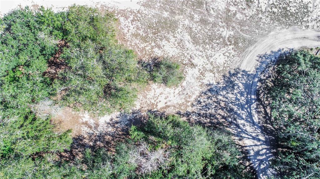 An aerial view shows a dirt path winding through trees and open, sandy ground — DANIEL STREET, DUNDEE, FL
