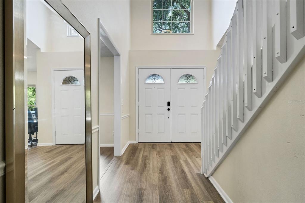 A foyer features wood-look flooring, a double front door, and a staircase with white railings — 4304 LUKOW PLACE, VALRICO, FL