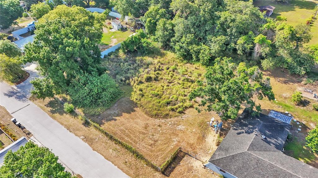 An aerial view shows a vacant, grassy lot situated between a residential street and trees — 1405 POLSTON ROAD, EAGLE LAKE, FL