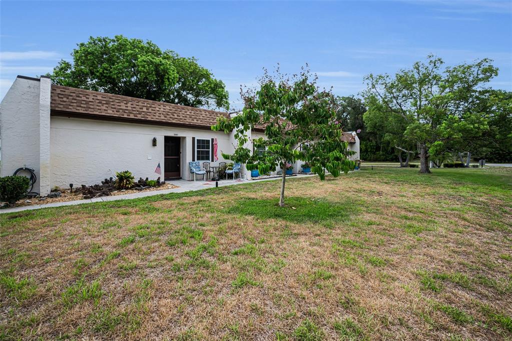 A grassy lawn slopes down to a pond surrounded by trees and residential houses — 3097 MISSION GROVE DRIVE, PALM HARBOR, FL