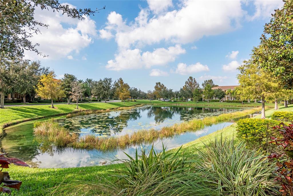 A landscaped pond surrounded by green lawns, trees, and residential buildings under a blue sky — 3860 82ND AVENUE CIRCLE E UNIT 101, SARASOTA, FL