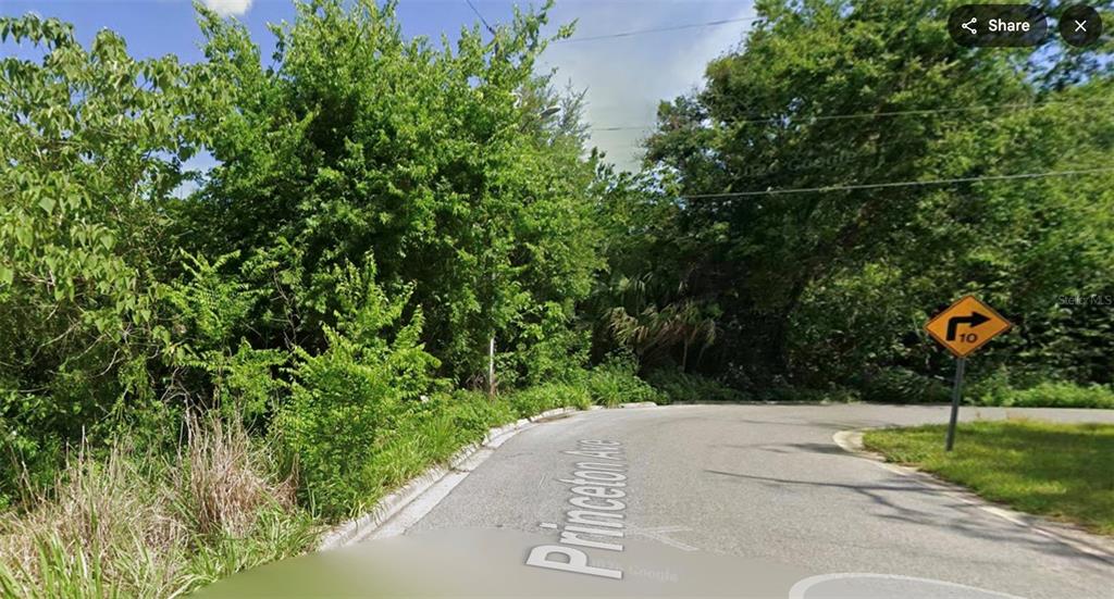 A paved road curves through a wooded area with a yellow directional sign — 2400 PRINCETON, SANFORD, FL