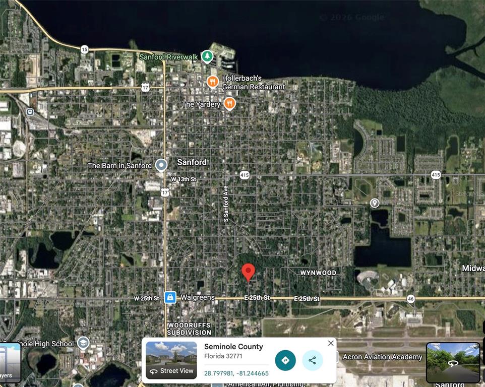 This is a satellite map view of a residential area in Sanford, Florida — 2400 PRINCETON, SANFORD, FL