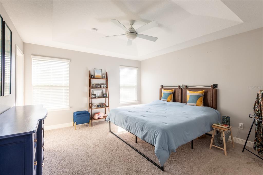 A bedroom features a king-sized bed, a blue dresser, a bookshelf, and a ceiling fan — 17847 ALTHEA BLUE PLACE, LUTZ, FL