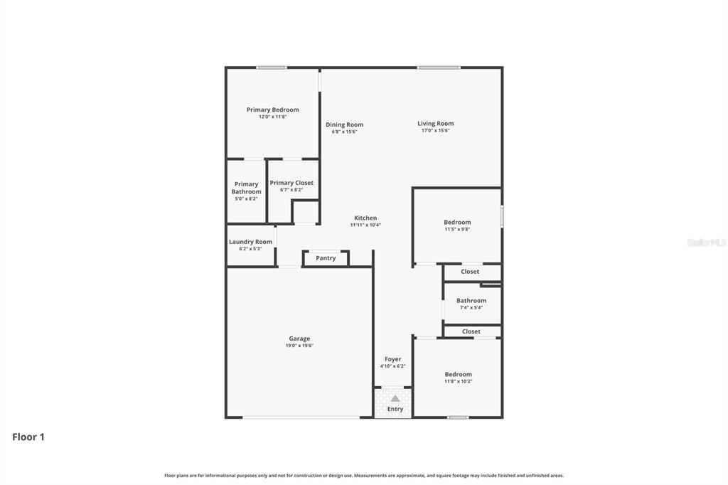 This is a floor plan for a single-story home with three bedrooms and a garage — 1324 OCEAN SPRAY DRIVE, RUSKIN, FL