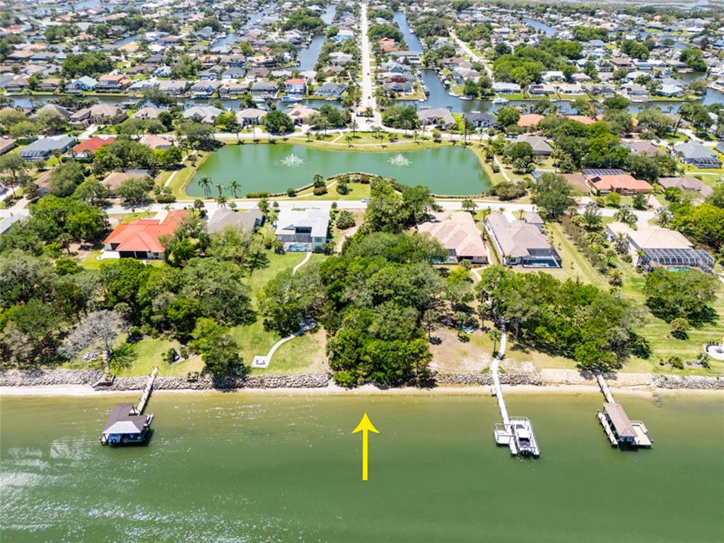 An aerial view shows a gated community entrance, a lake with fountains, and surrounding houses — 66 OLD OAK DRIVE S, PALM COAST, FL