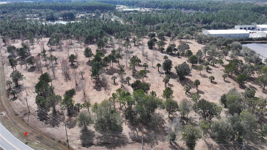 An aerial view of a large, partially wooded vacant lot next to a paved road — AGRICULTURAL CENTER DRIVE, ST AUGUSTINE, FL