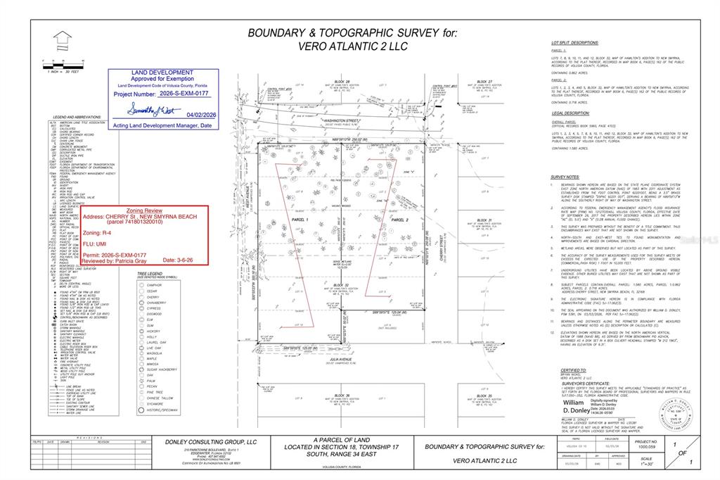 This is a boundary and topographic survey map for a parcel of land — 0 WASHINGTON STREET, NEW SMYRNA BEACH, FL