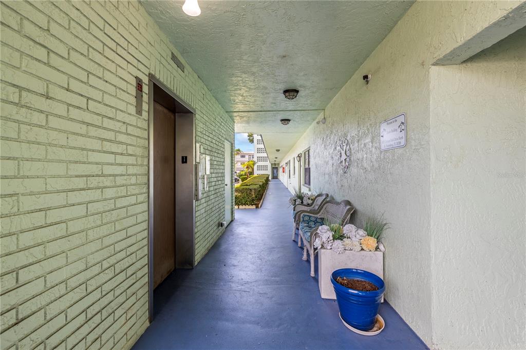 A low-rise apartment building exterior features a landscaped garden with small American flags and chairs — 5973 TERRACE PARK DRIVE N UNIT 101, ST PETERSBURG, FL