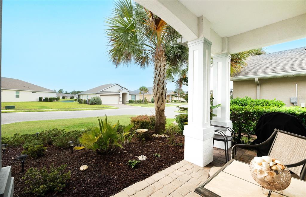 A view from a covered patio looking out toward a suburban street and palm tree — 91 PARK PLACE CIRCLE, PALM COAST, FL