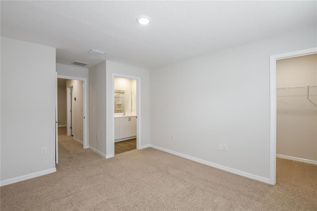 A carpeted bedroom features a bathroom doorway, a walk-in closet, and a hallway entrance — 4255 HILLOCK BOULEVARD, HAINES CITY, FL