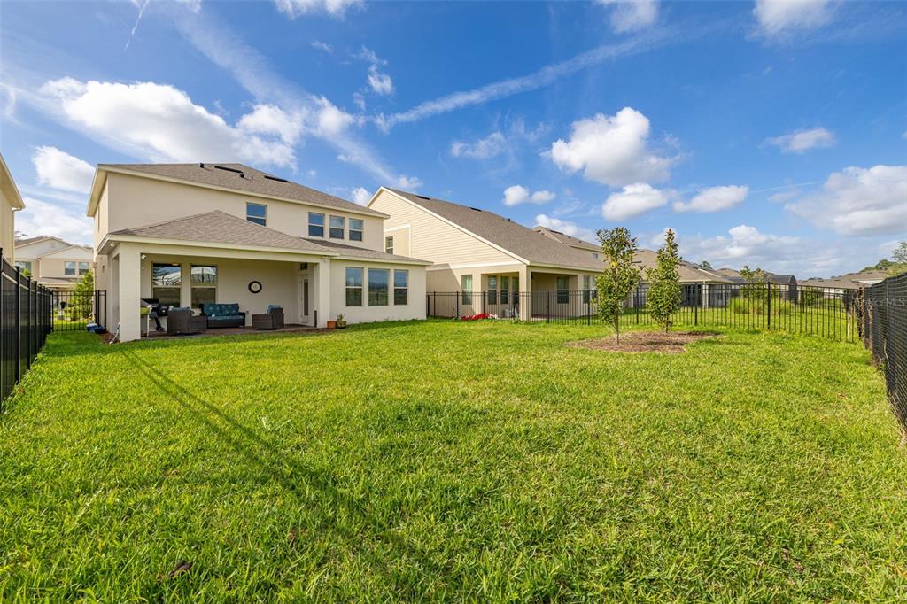 A view of a backyard with a covered patio and black metal fencing — 18339 OLIVER TWIST WAY, WINTER GARDEN, FL