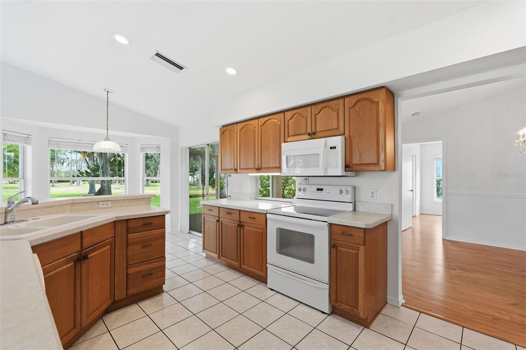 The exterior of a single-story house features a screened-in porch and large oak trees — 1444 CANBERLEY COURT, TRINITY, FL