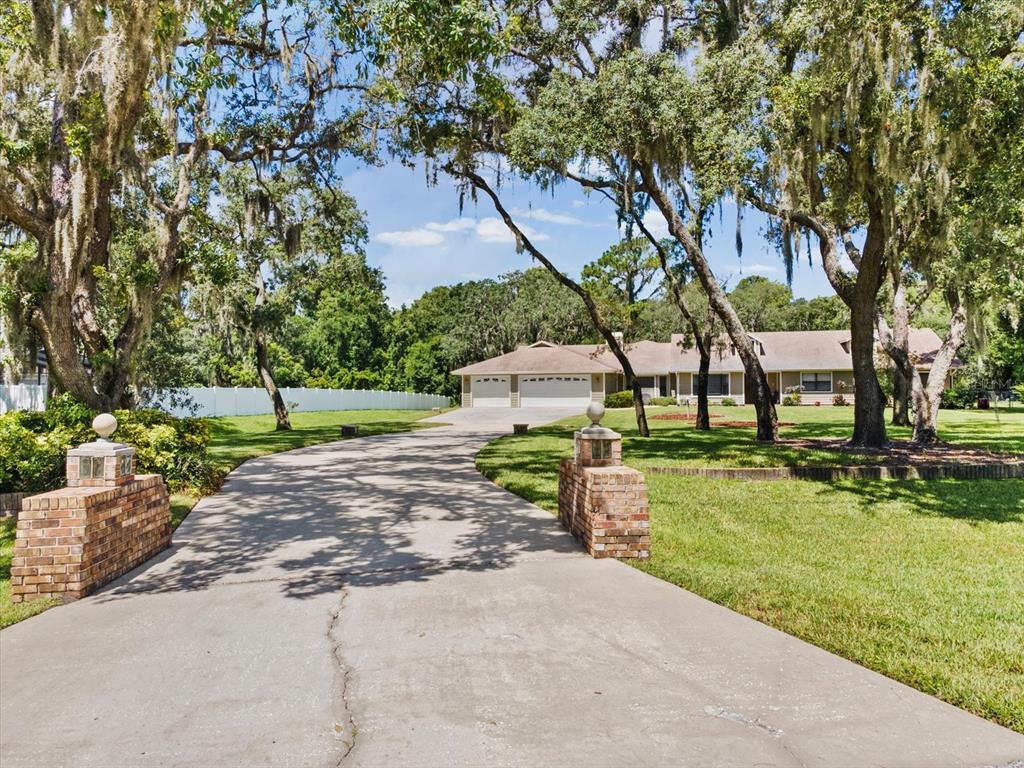 A long concrete driveway leads to a single-story house with a two-car garage — 6655 MILLSTONE DRIVE, NEW PORT RICHEY, FL