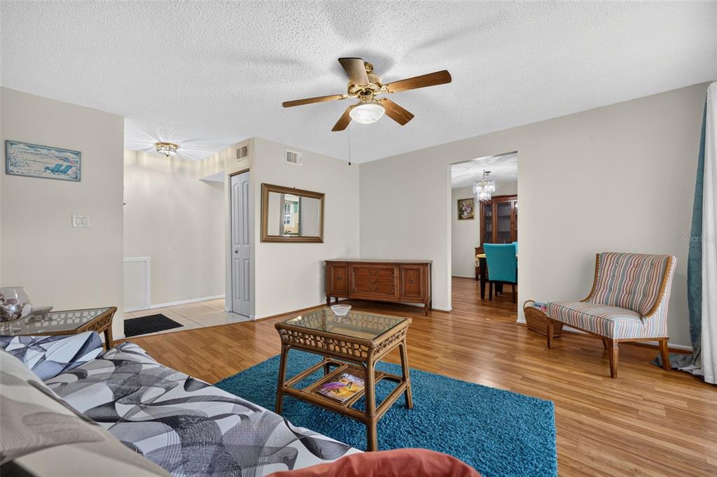 A living room with wood-look flooring, a blue area rug, and a ceiling fan — 3585 41ST TERRACE S UNIT 225, ST PETERSBURG, FL