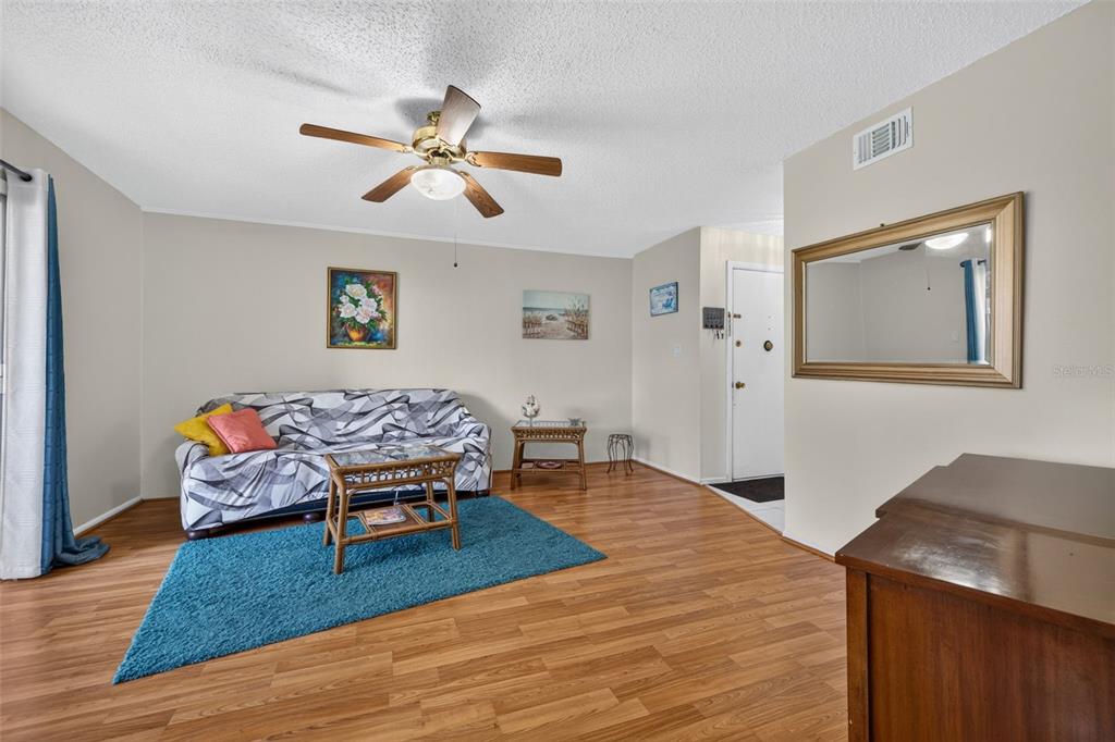 A living room features wood-look flooring, a ceiling fan, a sofa, and a large wall mirror — 3585 41ST TERRACE S UNIT 225, ST PETERSBURG, FL